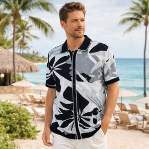 Express Men NWT Knit Cardigan XL Floral Short Sleeve Black Resort Modern Elevate